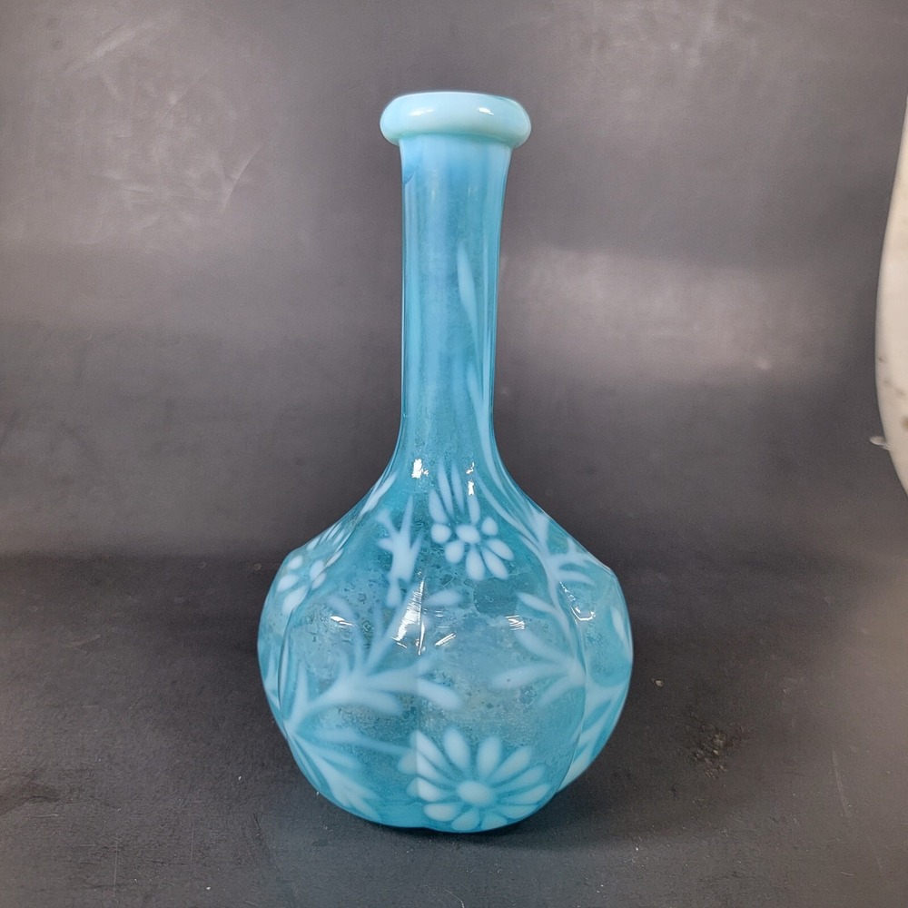 Antique Blue Glass Fenton? spanish lace opalescent daisy & fern barber bottle - Picture 2 of 8